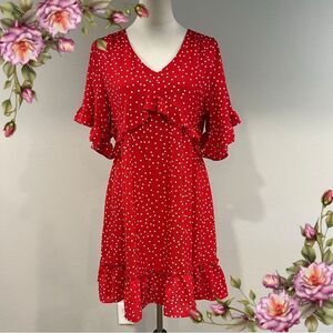 Red Polka Dot v-neck Ruffle short sleeves mini Dress size medium